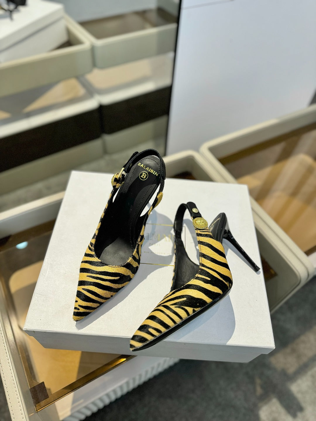 BALMAIN 25S SLINGBACK EVA 95MM IN YELLOW AND BLACK ZEBRA PRINT CALFSKIN