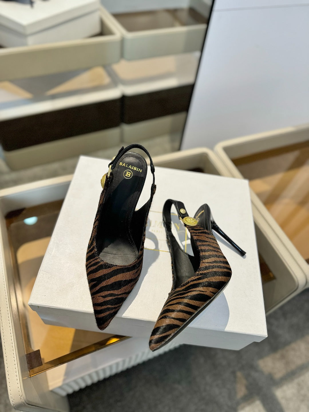 BALMAIN 25S SLINGBACK EVA 95MM IN BROWN AND BLACK ZEBRA PRINT CALFSKIN