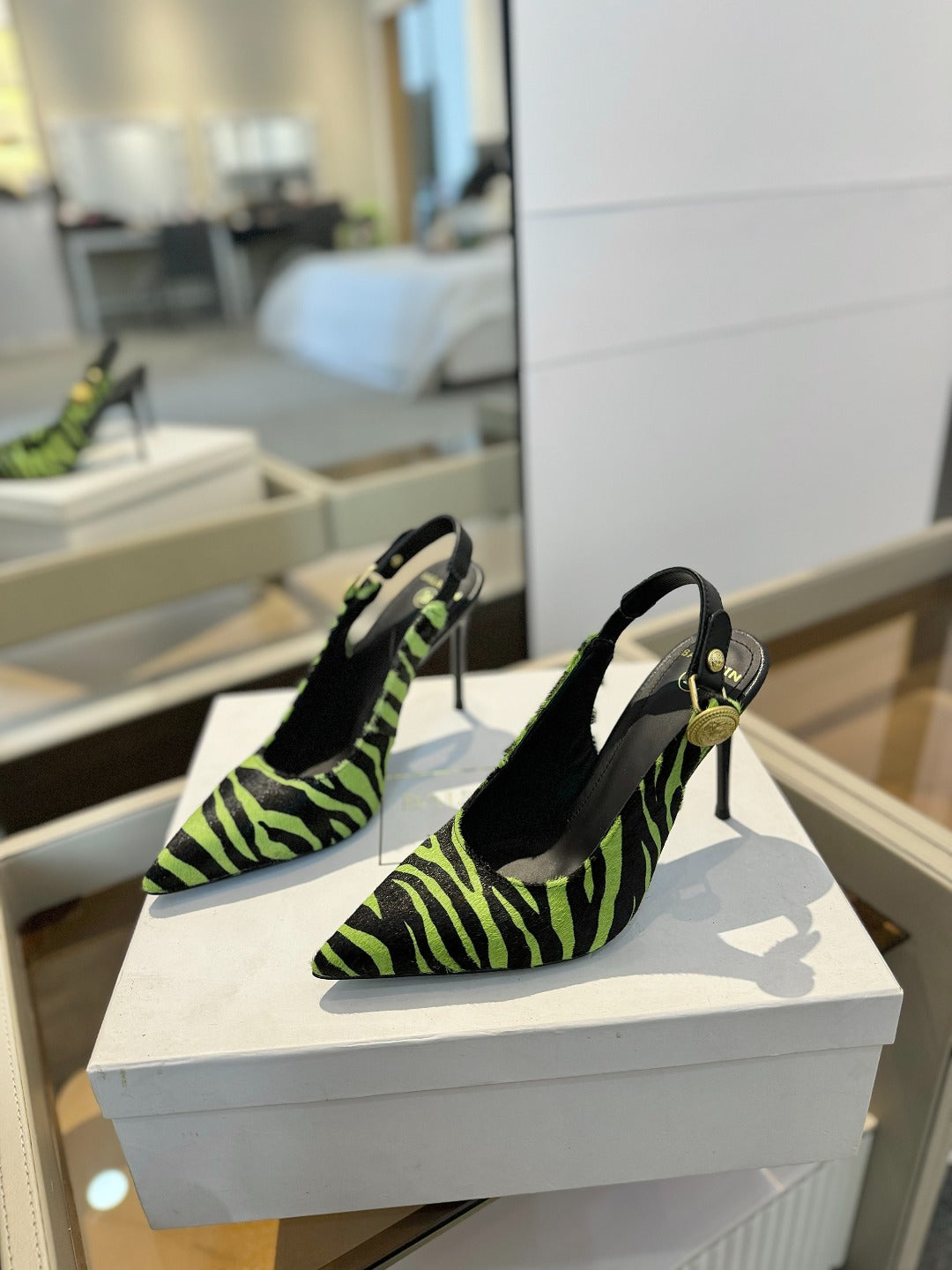 BALMAIN 25S SLINGBACK EVA 95MM IN GREEN AND BLACK ZEBRA PRINT CALFSKIN