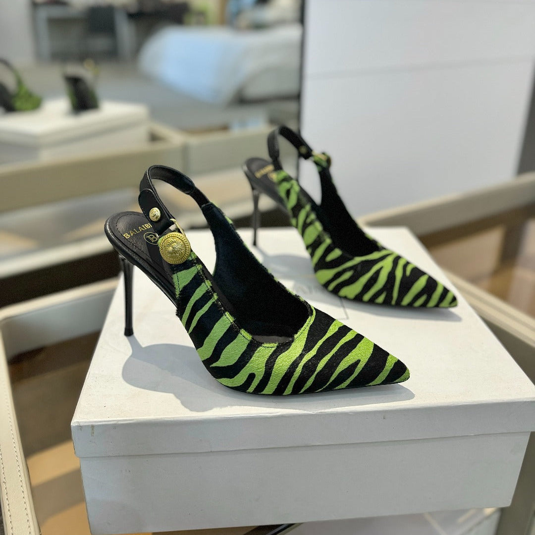BALMAIN 25S SLINGBACK EVA 95MM IN GREEN AND BLACK ZEBRA PRINT CALFSKIN