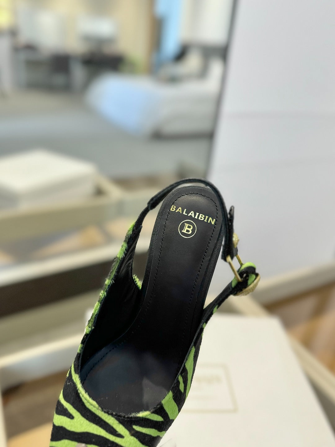 BALMAIN 25S SLINGBACK EVA 95MM IN GREEN AND BLACK ZEBRA PRINT CALFSKIN