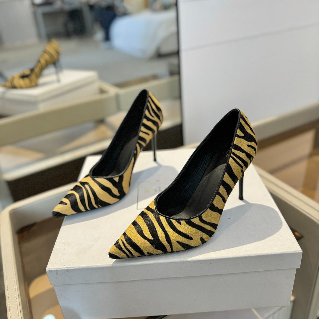 BALMAIN 25S HIGH HEELS 95MM IN YELLOW AND BLACK ZEBRA PRINT CALFSKIN