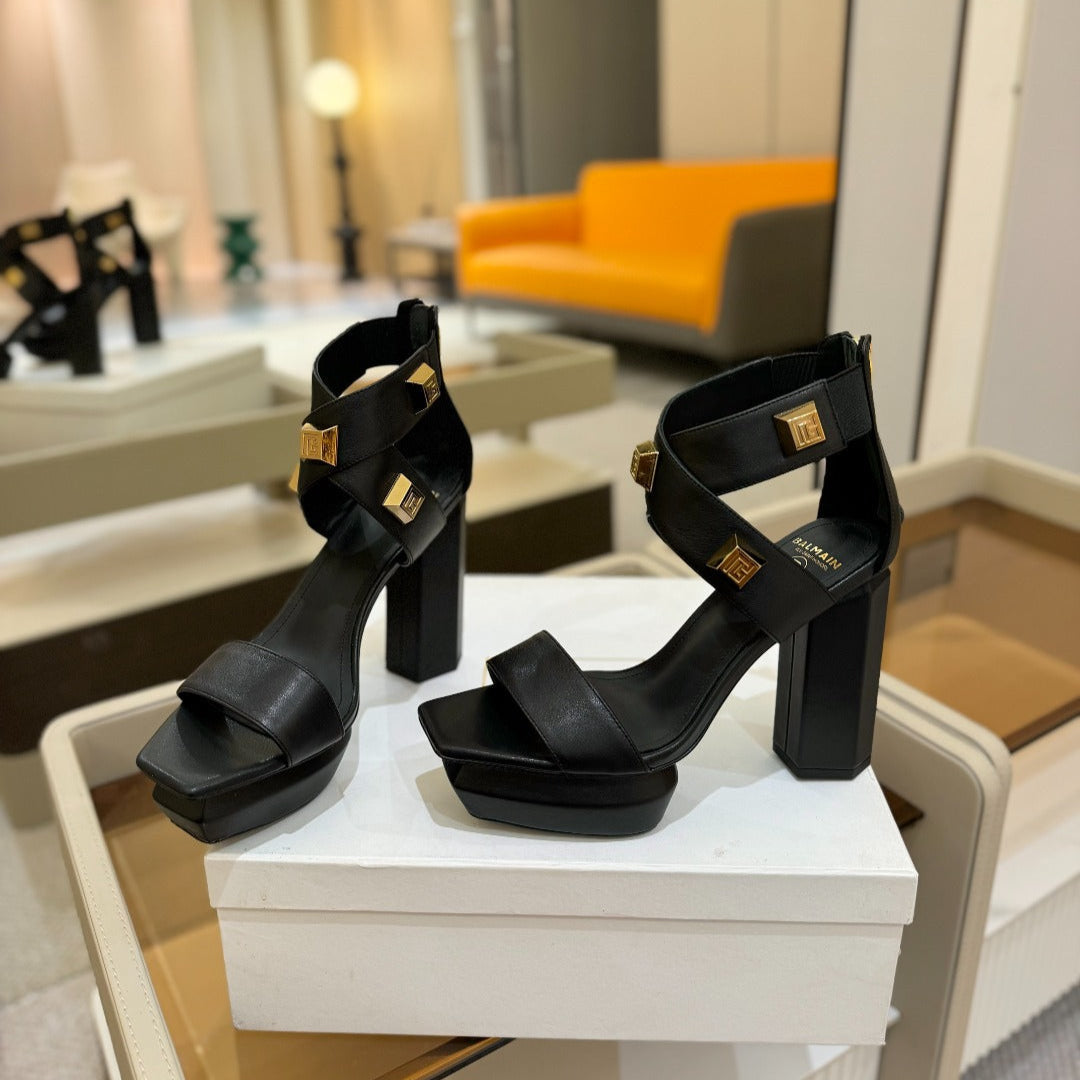 BALMAIN 25S WEDGE HEELS 105MM IN BLACK CALFSKIN GOLD HARDWARE