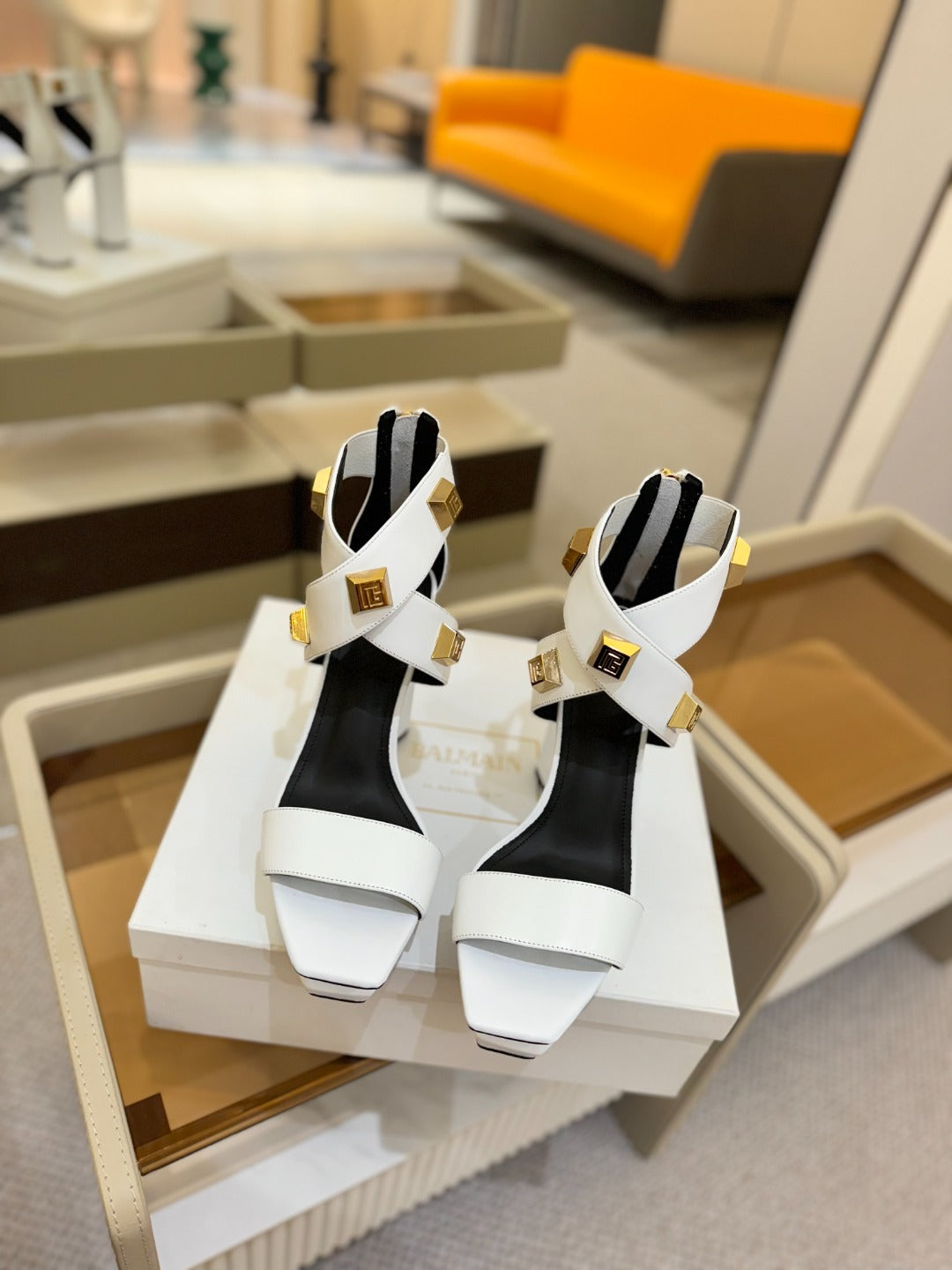 BALMAIN 25S WEDGE HEELS 105MM IN WHITE CALFSKIN GOLD HARDWARE
