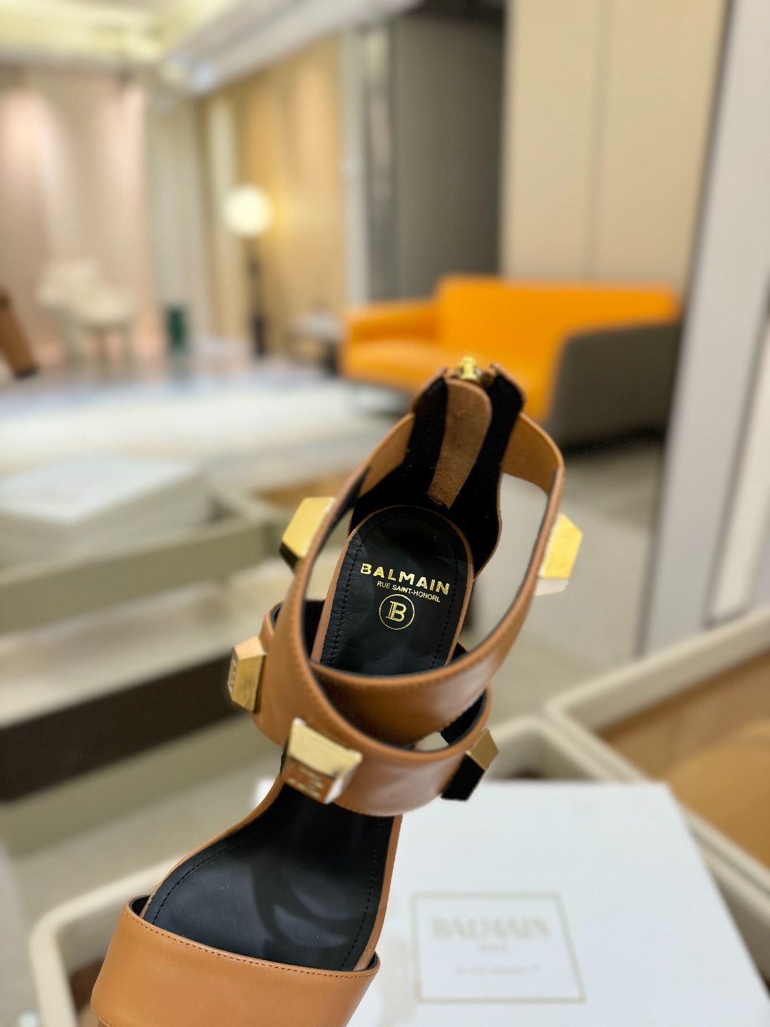 BALMAIN 25S WEDGE HEELS 105MM IN DARK BROWN CALFSKIN GOLD HARDWARE