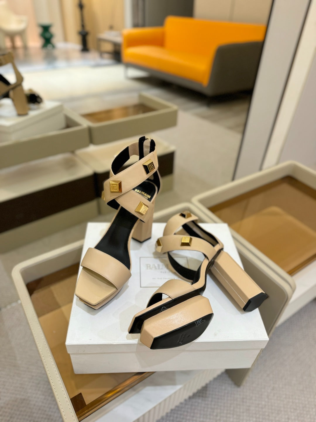 BALMAIN 25S WEDGE HEELS 105MM IN BEIGE CALFSKIN GOLD HARDWARE