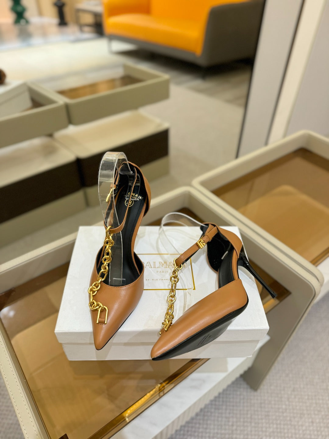 BALMAIN 25S SYNC STILETTOS WITH POINTED TOE 95MM IN DARK BROWN CALFSKIN