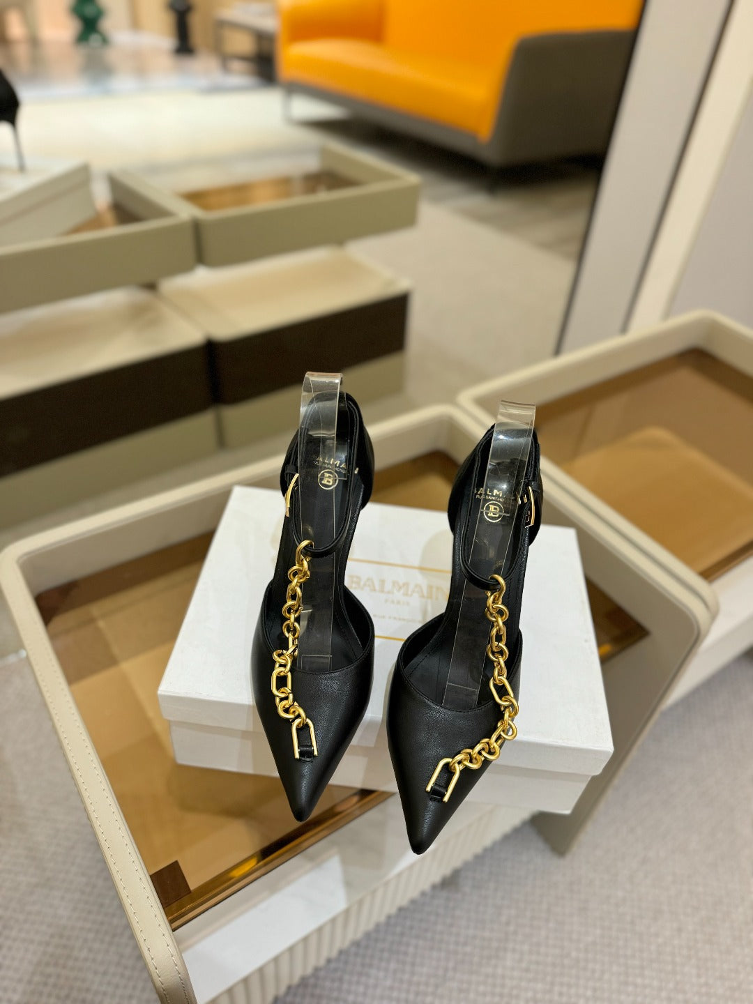 BALMAIN 25S SYNC STILETTOS WITH POINTED TOE 95MM IN BLACK CALFSKIN