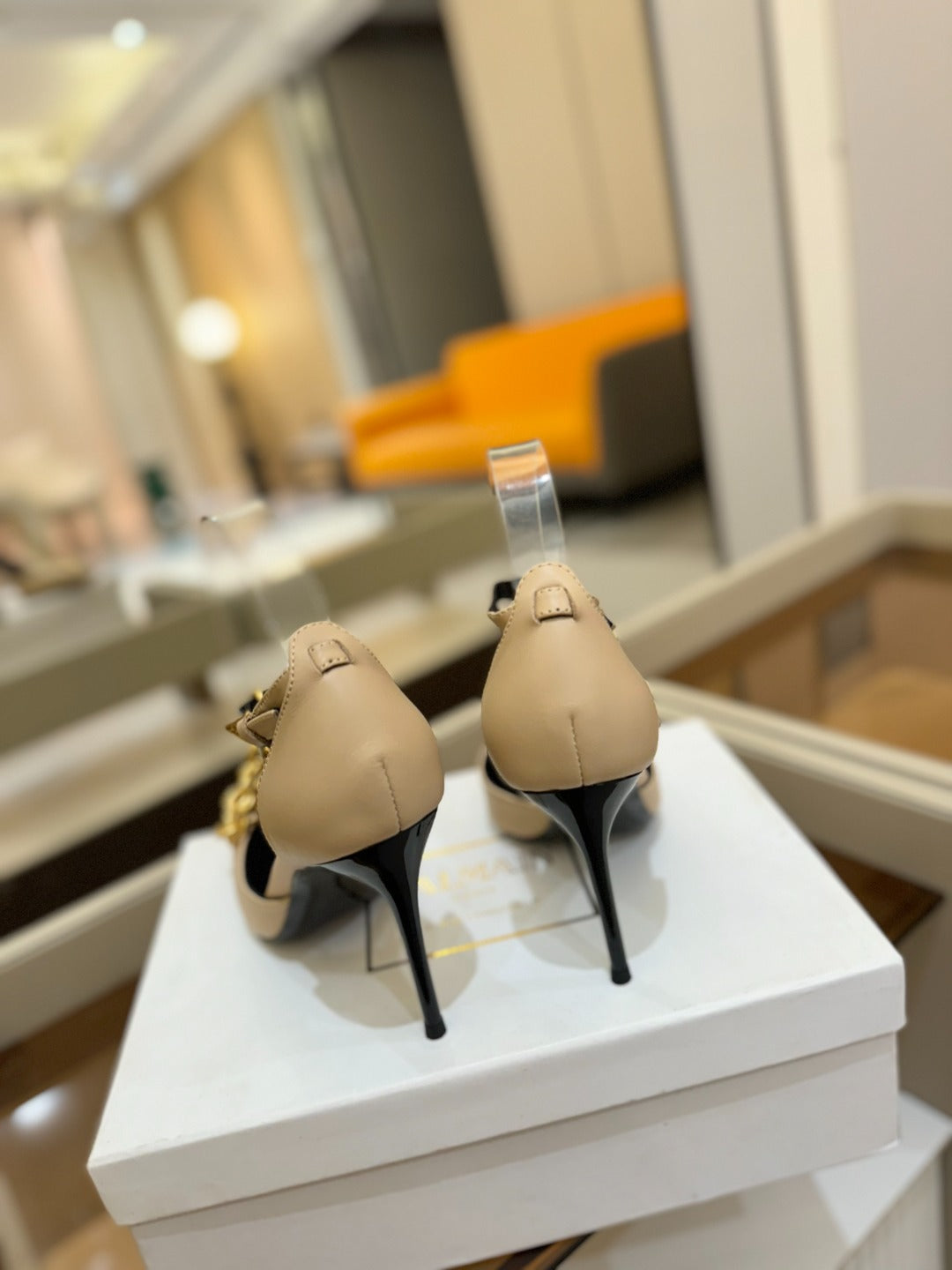 BALMAIN 25S SYNC STILETTOS WITH POINTED TOE 95MM IN BEIGE CALFSKIN