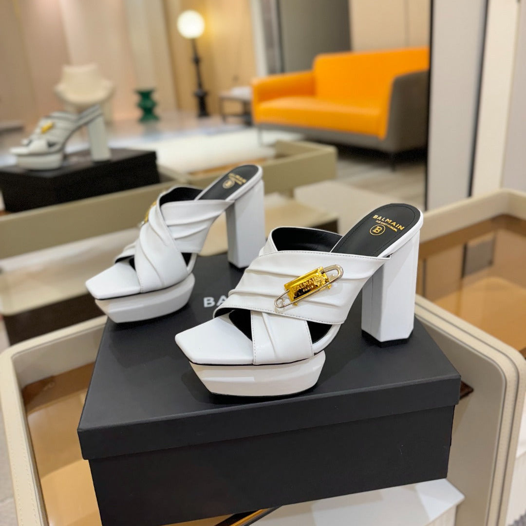 BALMAIN 25S WEDGE HEEL SANDALS 100MM IN WHITE CALFSKIN