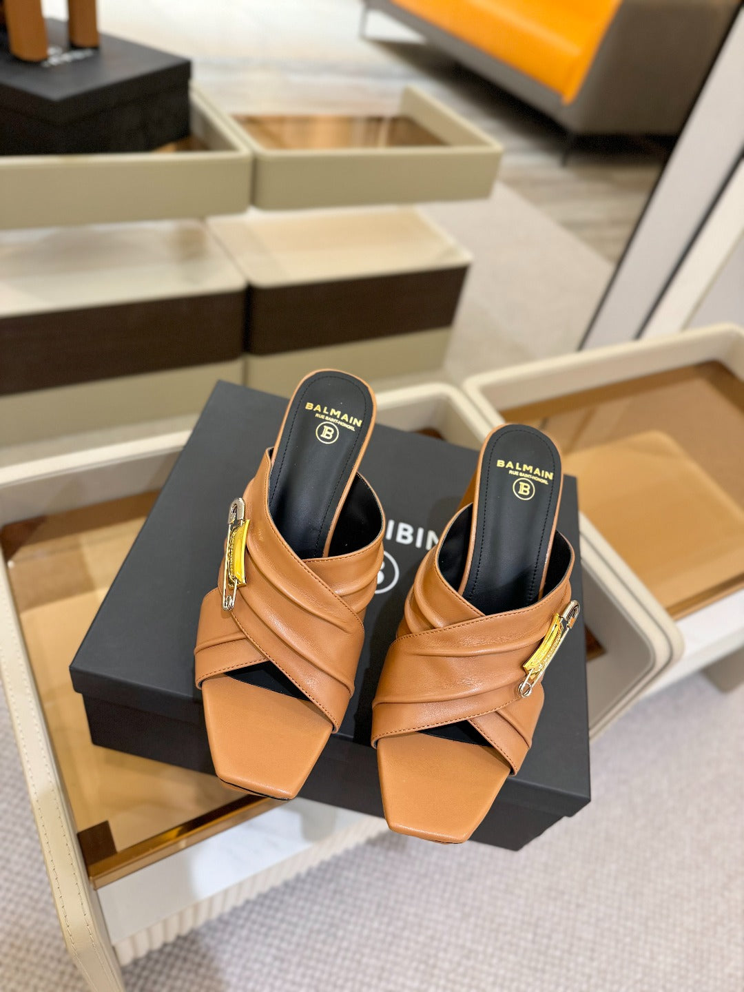 BALMAIN 25S WEDGE HEEL SANDALS 100MM IN BROWN CALFSKIN