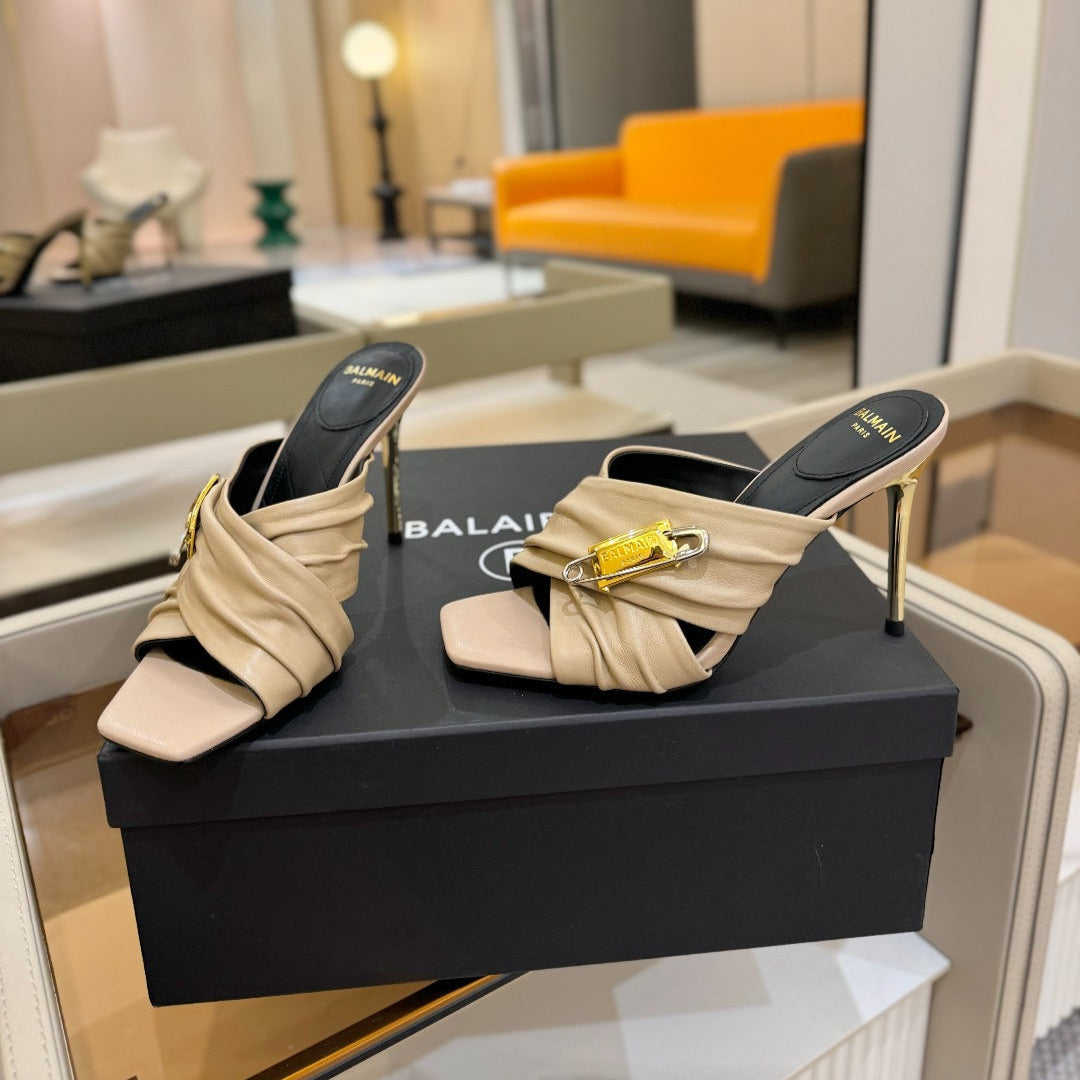 BALMAIN 25S HIGH HEEL SANDALS 95MM IN BEIGE CALFSKIN
