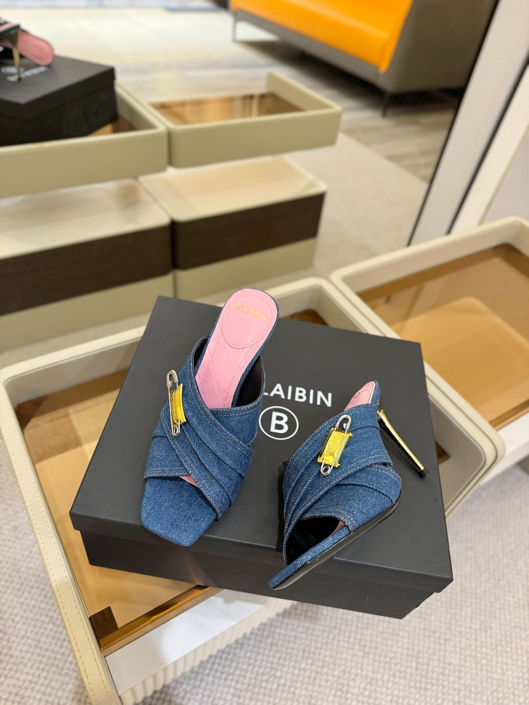 BALMAIN 25S HIGH HEEL SANDALS 95MM IN BLUE DENIM