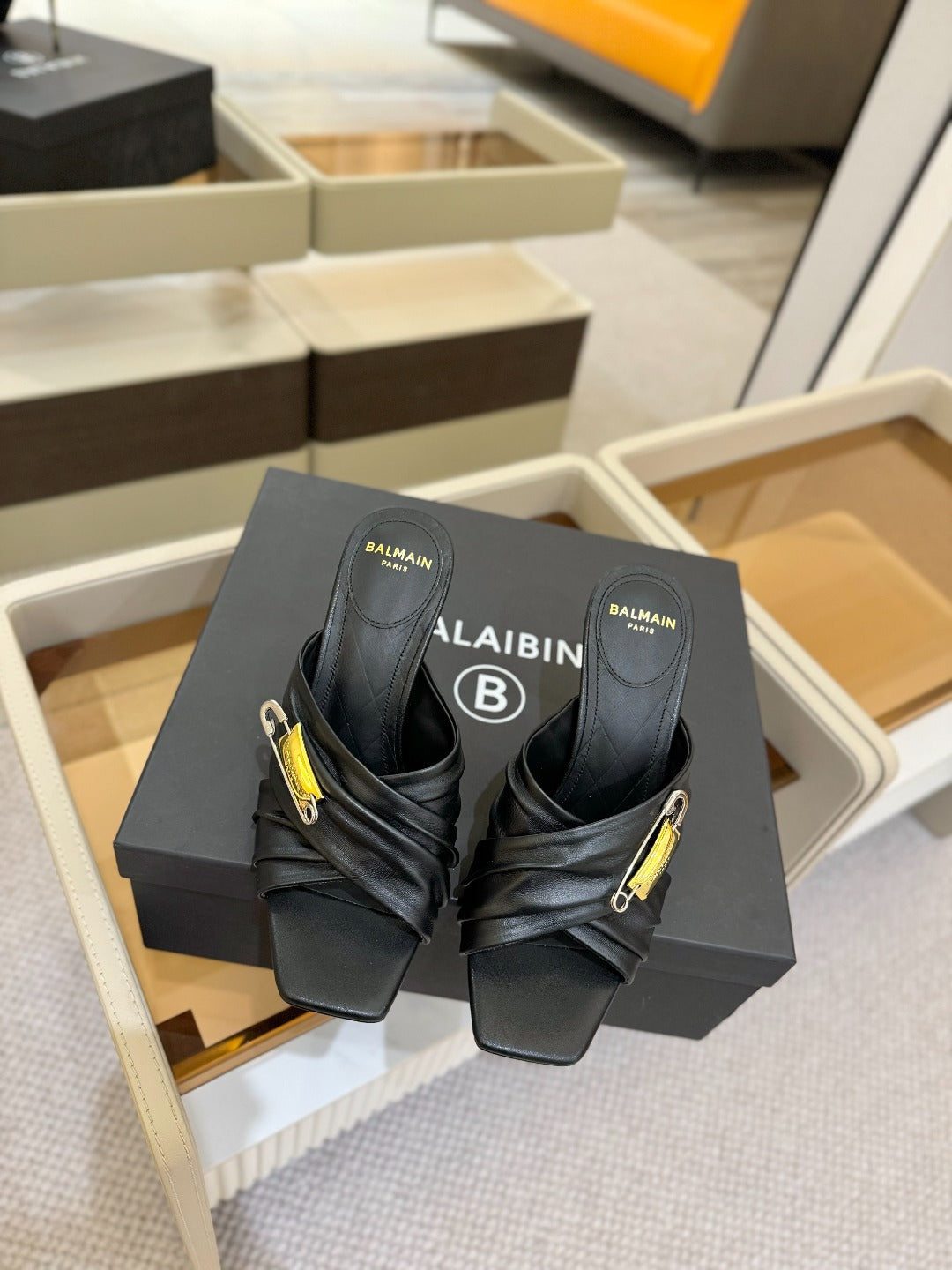 BALMAIN 25S HIGH HEEL SANDALS 95MM IN BLACK CALFSKIN