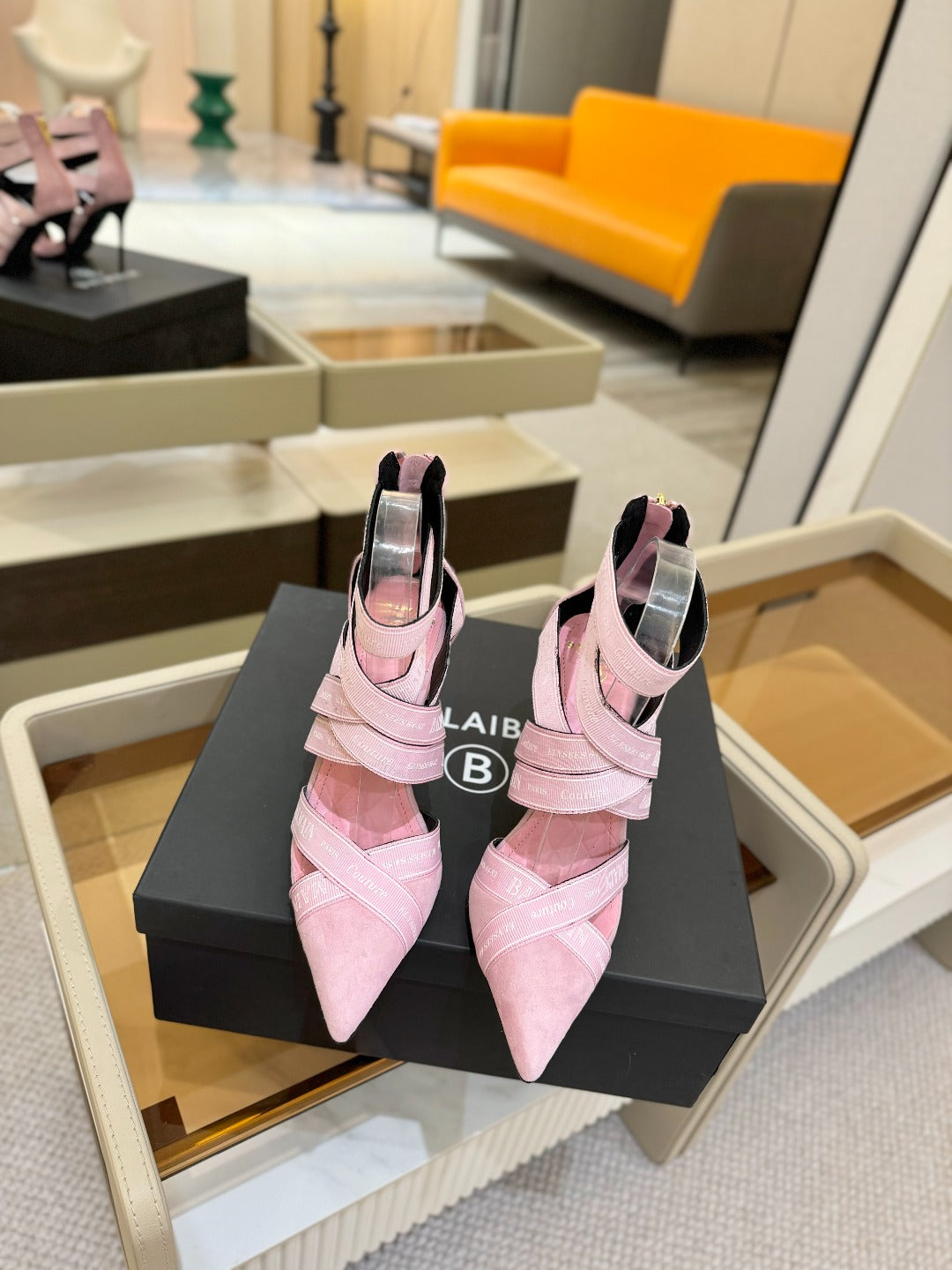 BALMAIN 25S HIGH HEELS LOGO RIBBON 95MM IN PINK SUEDE