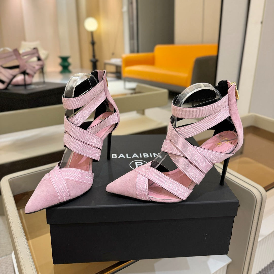 BALMAIN 25S HIGH HEELS LOGO RIBBON 95MM IN PINK SUEDE