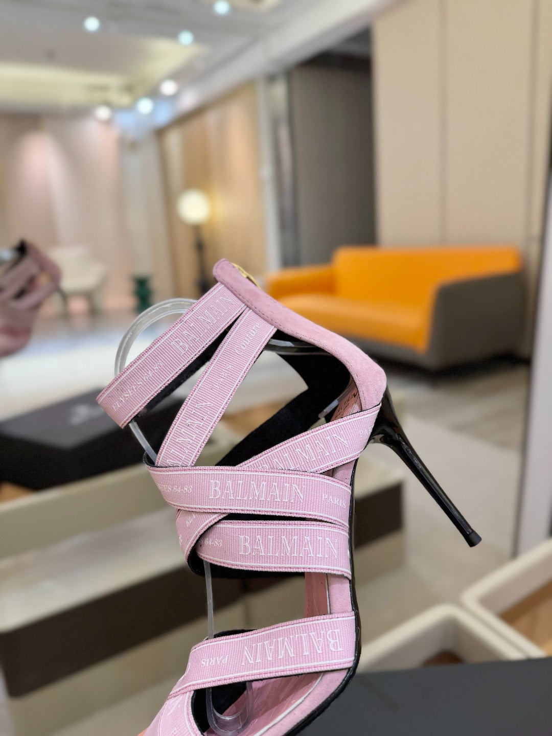 BALMAIN 25S HIGH HEELS LOGO RIBBON 95MM IN PINK SUEDE