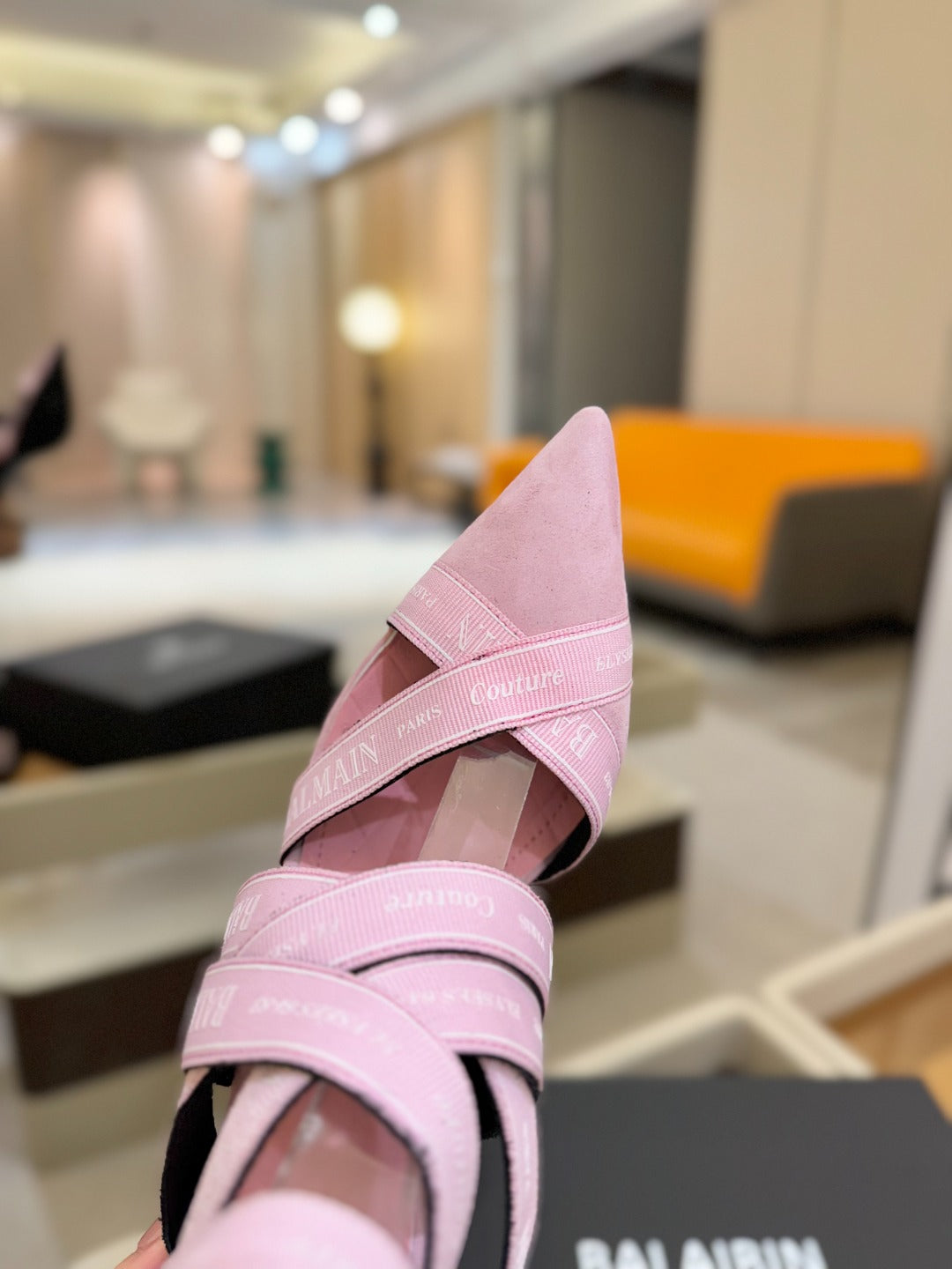 BALMAIN 25S HIGH HEELS LOGO RIBBON 95MM IN PINK SUEDE