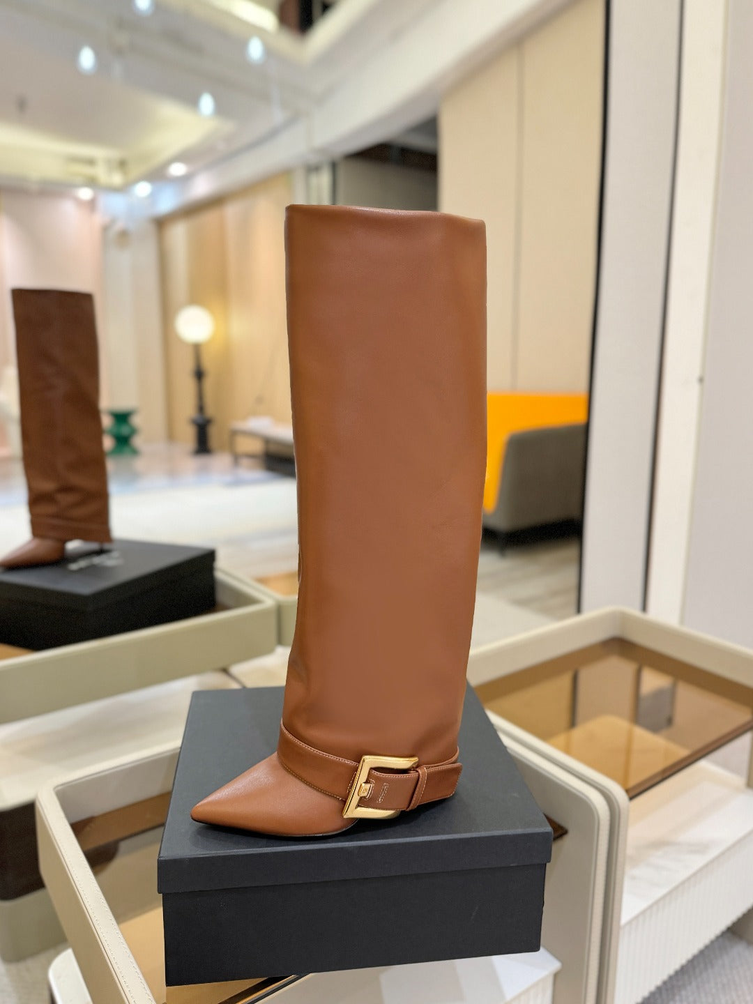 BALMAIN 26S KNEE-HIGH BOOTS 100 MM IN BROWN CALFSKIN
