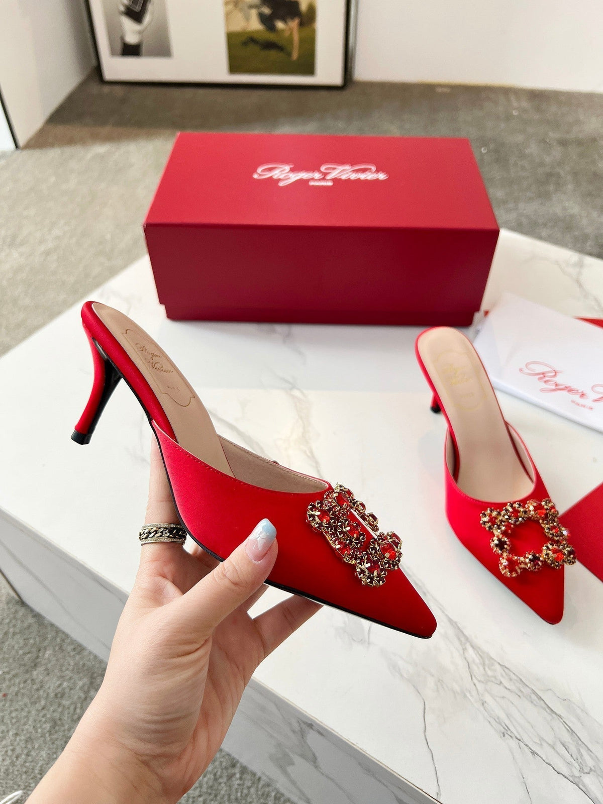 EFFLORESCENCE MULES IN RED SATIN