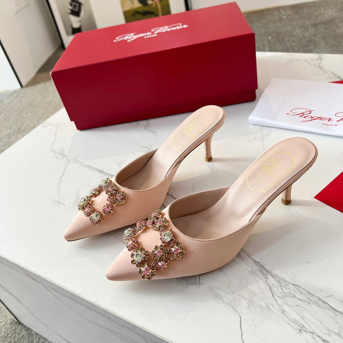 EFFLORESCENCE MULES IN LIGHT FAWN SATIN