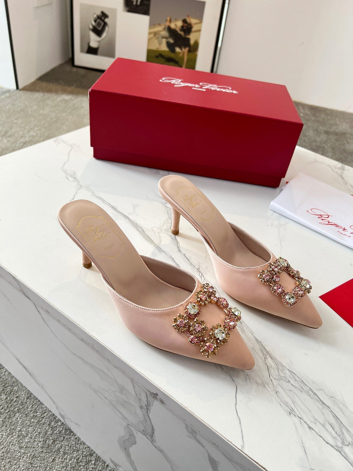 EFFLORESCENCE MULES IN LIGHT FAWN SATIN