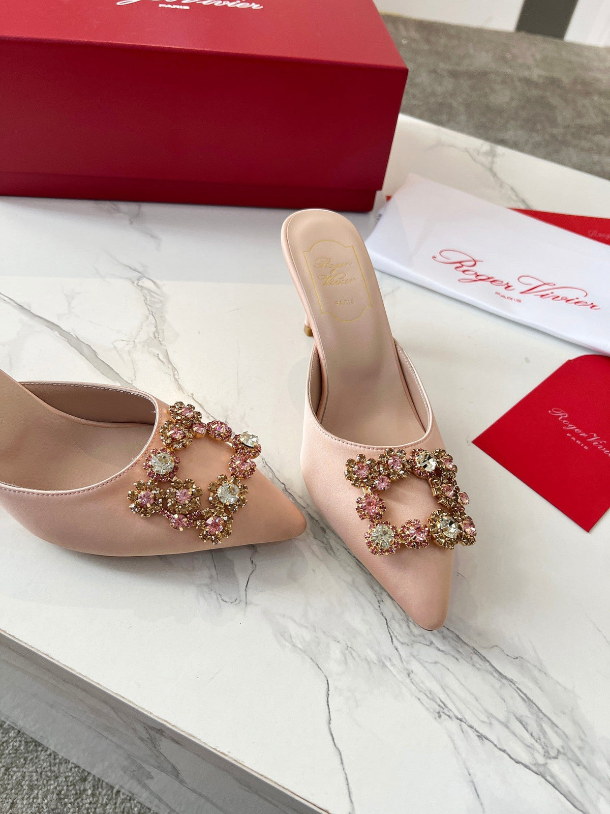 EFFLORESCENCE MULES IN LIGHT FAWN SATIN