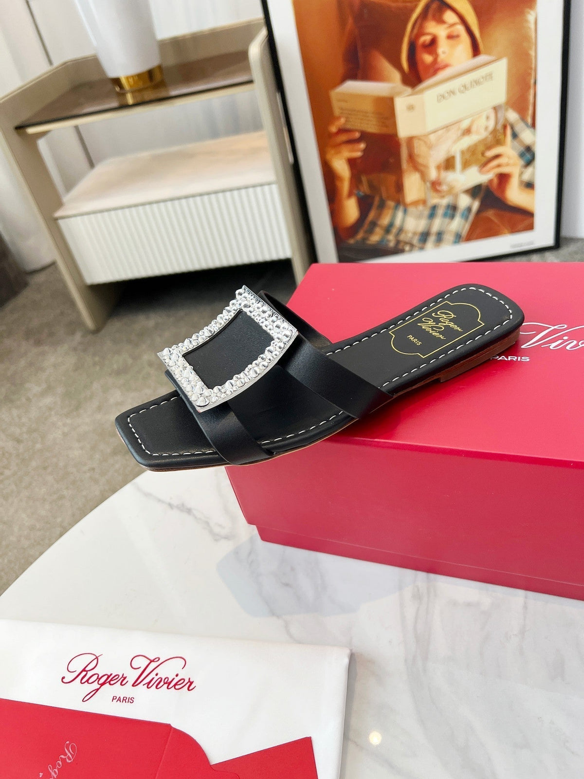 VIV' BY THE SEA MULES IN BLACK CALFSKIN CRYSTAL BUCKLE