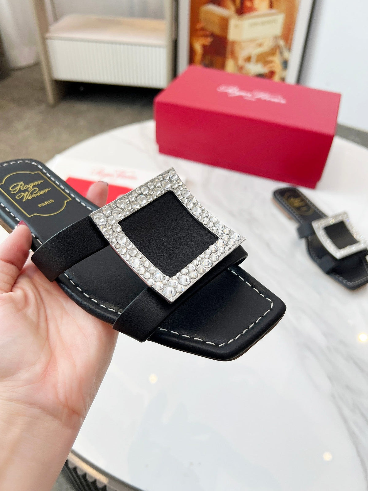 VIV' BY THE SEA MULES IN BLACK CALFSKIN CRYSTAL BUCKLE
