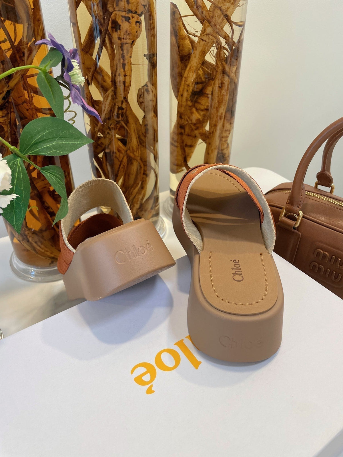 CHLOÉ WOODY WEDGE SANDALS IN BRONZE BROWN CANVAS WITH CIDER BROWN RUBBER SOLE