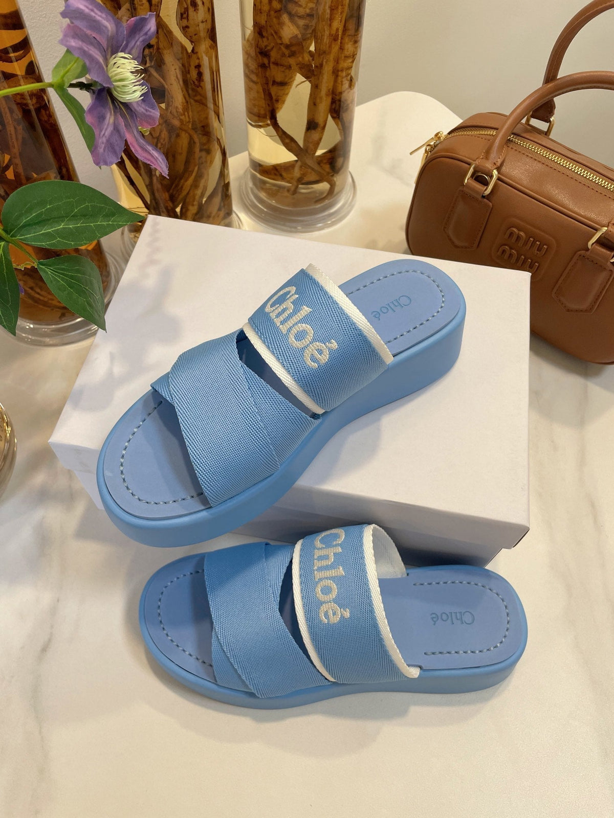 CHLOÉ WOODY WEDGE SANDALS IN CERULEAN BLUE CANVAS WITH RUBBER SOLE