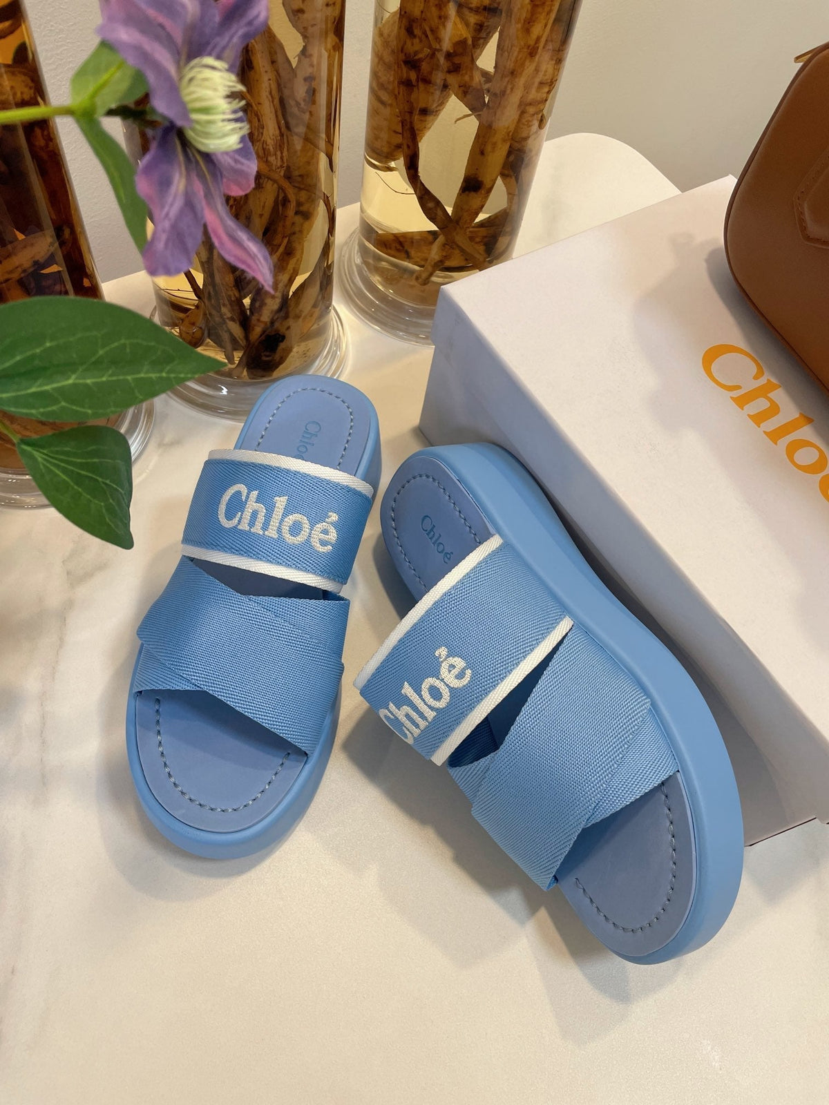 CHLOÉ WOODY WEDGE SANDALS IN CERULEAN BLUE CANVAS WITH RUBBER SOLE
