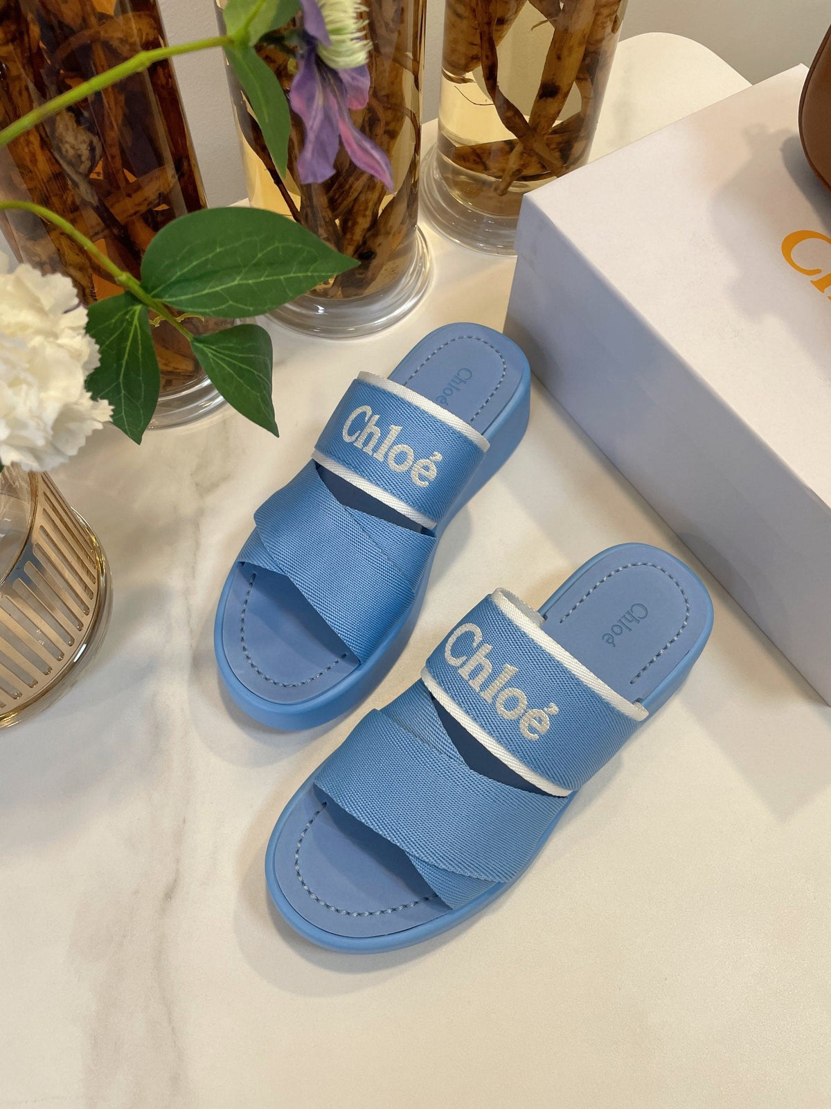 CHLOÉ WOODY WEDGE SANDALS IN CERULEAN BLUE CANVAS WITH RUBBER SOLE