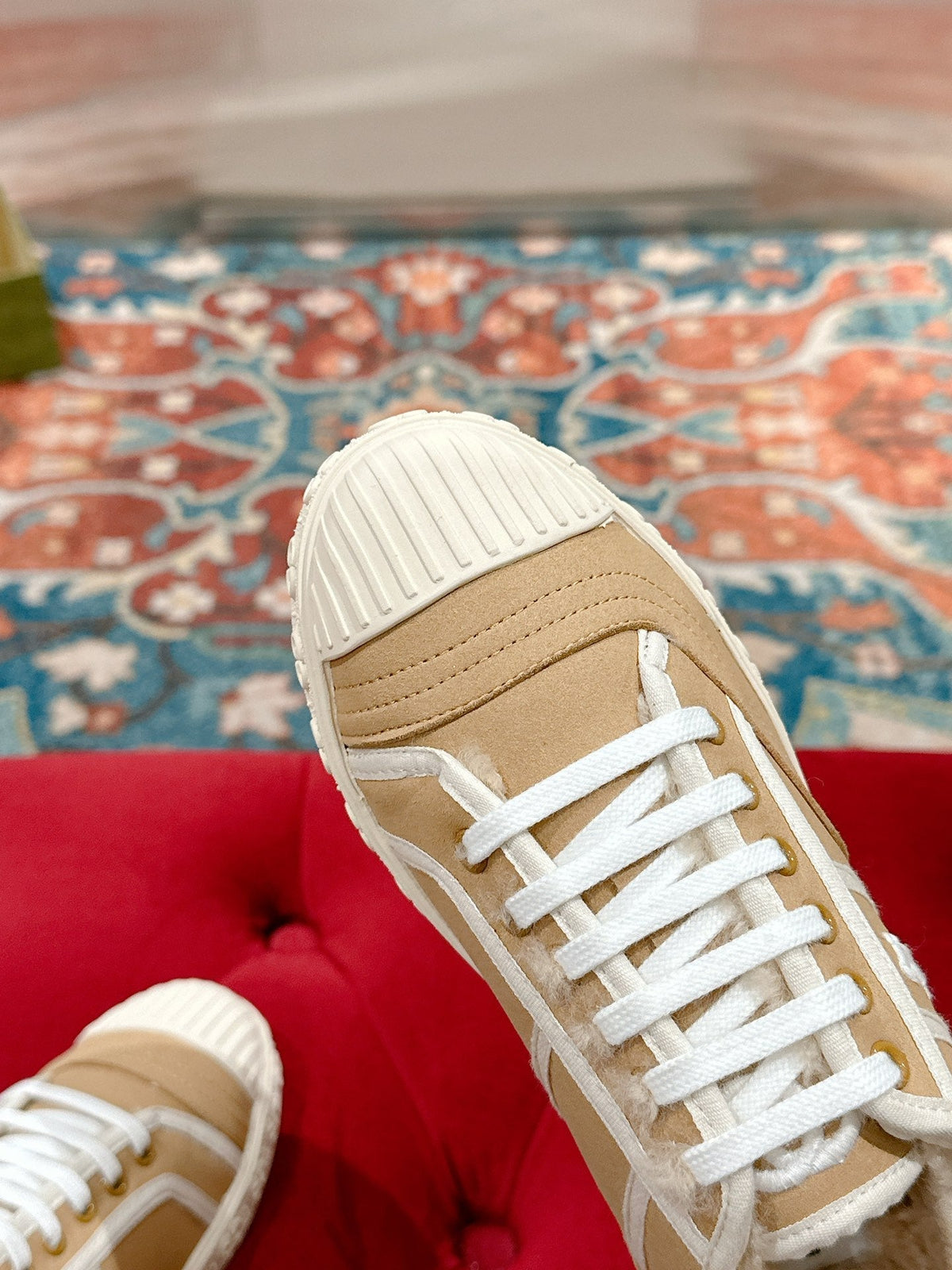 GG CANVAS SNEAKER IN CAMEL BROWN DENIM WITH BEIGE FLEECE LINING