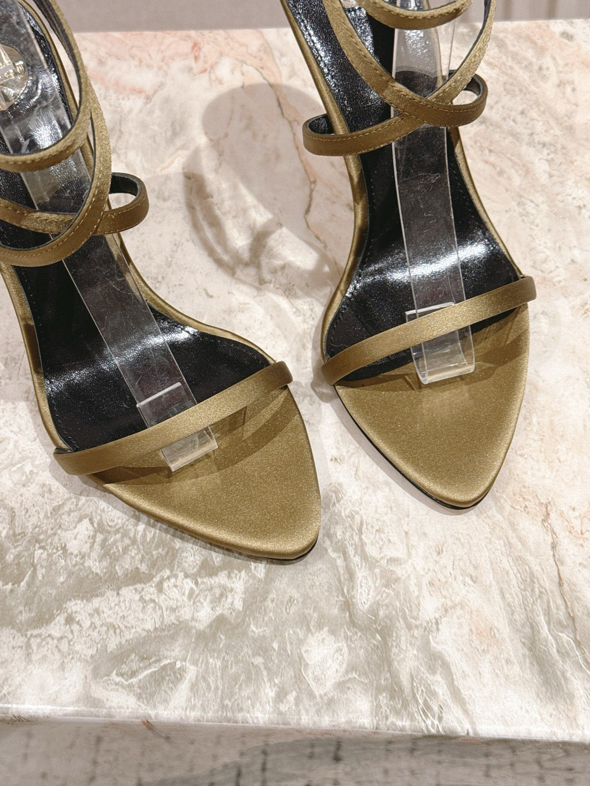 YSL 25S STRAPPY HIGH-HEEL SANDALS 100 MM IN OLIVE GREEN LAMBSKIN