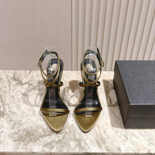 YSL 25S STRAPPY HIGH-HEEL SANDALS 100 MM IN OLIVE GREEN LAMBSKIN