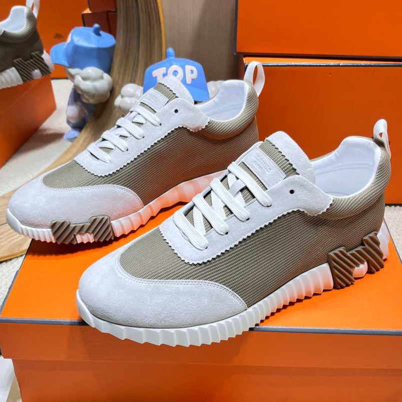 BOUNCING SNEAKER IN PALE GRAY SUEDE AND WOOD BROWN KNIT