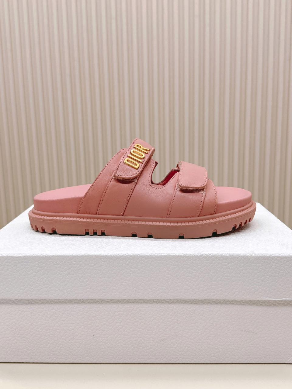 DIOR CLASSIC DOUBLE-STRAP SLIDES 25S IN PEACHY PINK CALFSKIN