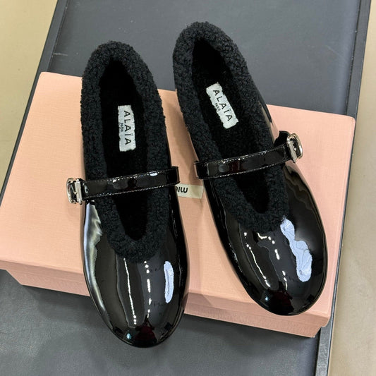 ALAIA 25S MARY JANE SHEARLING FLATS IN BLACK GLOSSY CALFSKIN