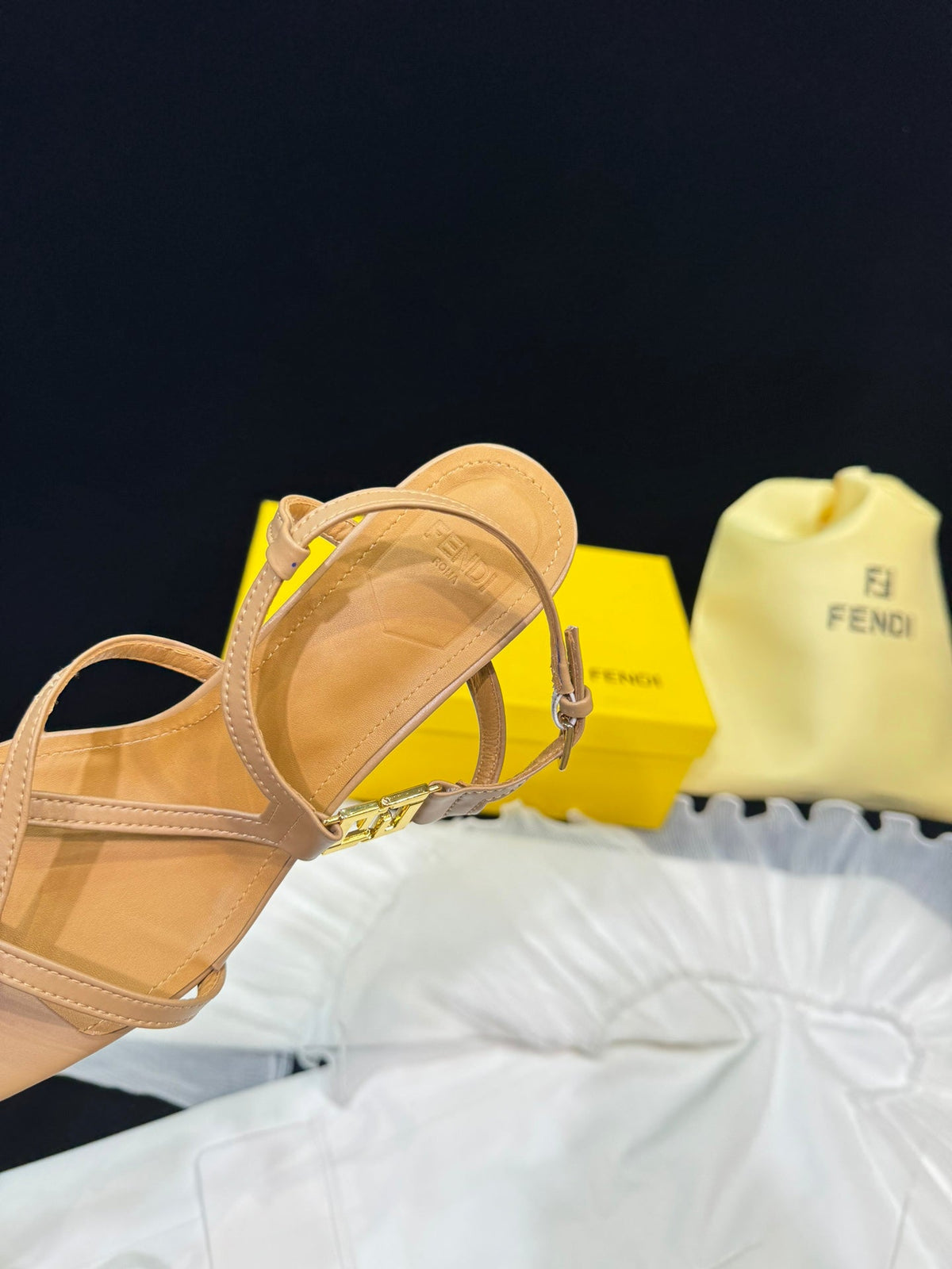 FENDI FFOLD MEDIUM-HEELED 55 MM SANDALS IN BRONZE BROWN LAMBSKIN WITH GOLD HARDWARE