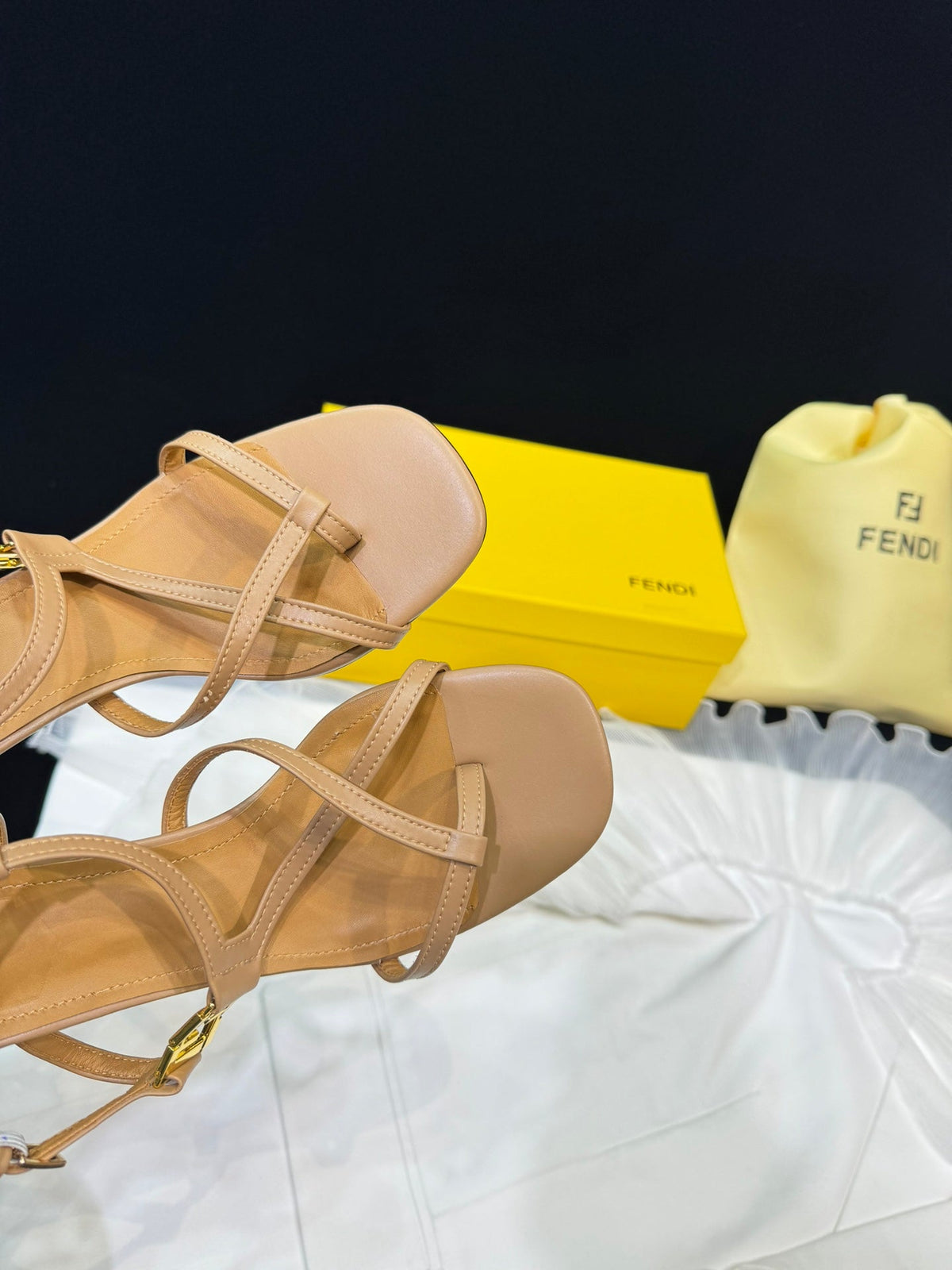 FENDI FFOLD MEDIUM-HEELED 55 MM SANDALS IN BRONZE BROWN LAMBSKIN WITH GOLD HARDWARE