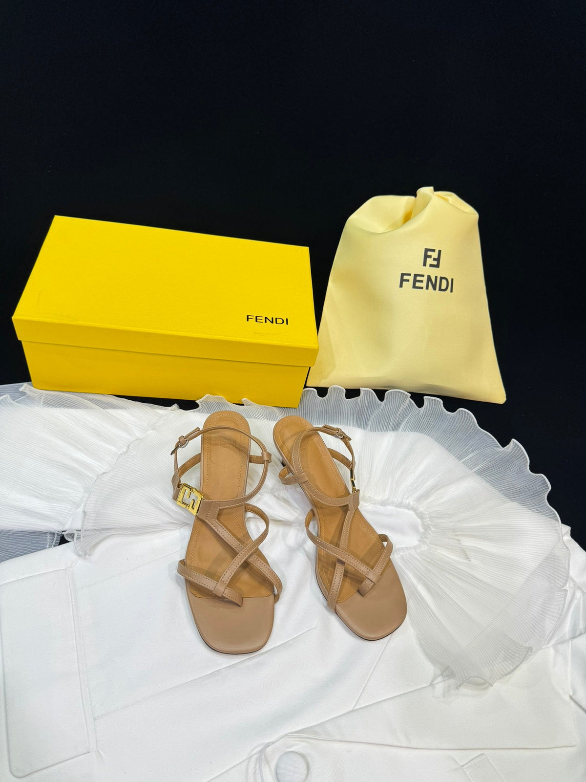 FENDI FFOLD MEDIUM-HEELED 55 MM SANDALS IN BRONZE BROWN LAMBSKIN WITH GOLD HARDWARE