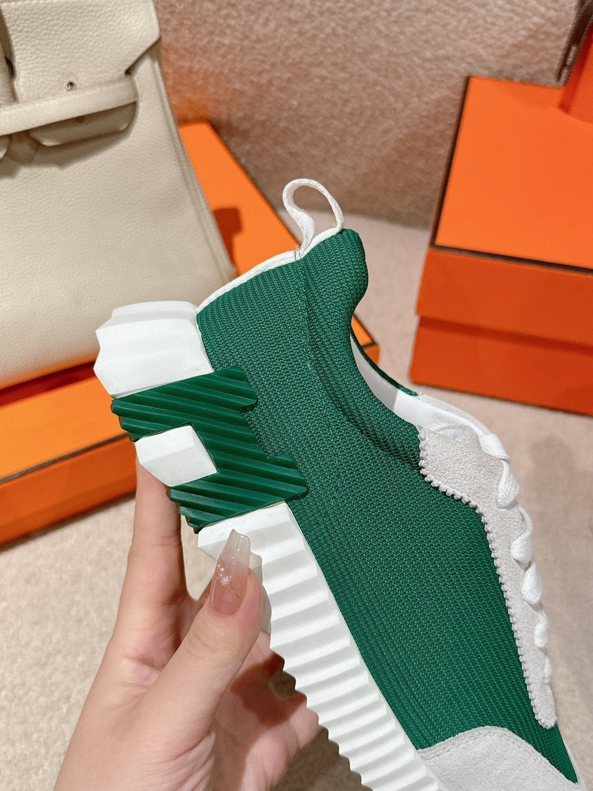 MAINLAND SNEAKER IN PALE GRAY SUEDE AND FOREST GREEN BREATHABLE MESH FABRIC