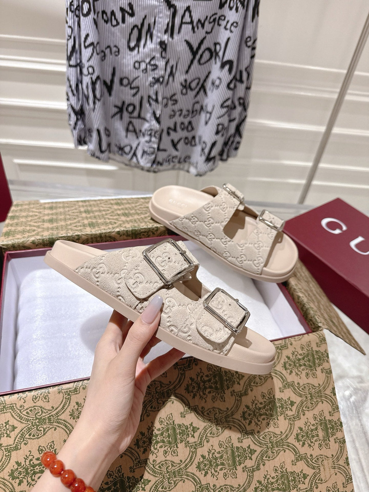 SANDALS IN NUDE BEIGE SUEDE EMBOSSED LOGO SILVER HARDWARE