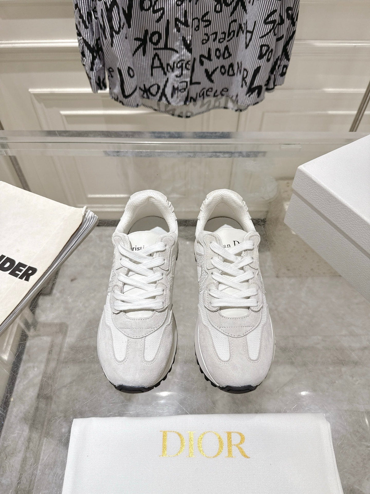 DIOR 25S C'EST DIOR SNEAKER IN WHITE LIGHT GRAY CALFSKIN AND SUEDE