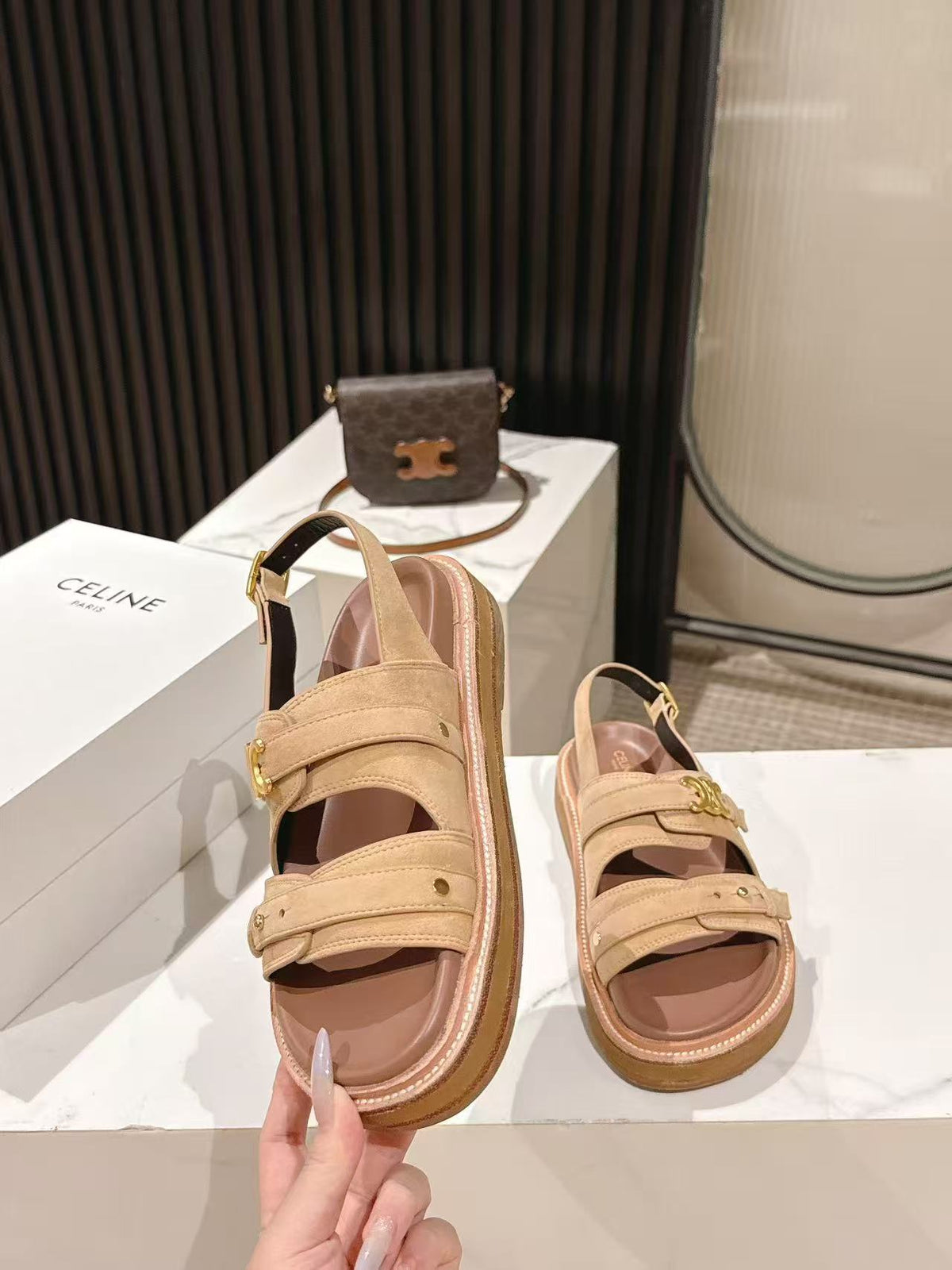 CELINE 25S TIPPI TRIOMPHE SANDAL IN LIGHT BROWN CALFSKIN SUEDE