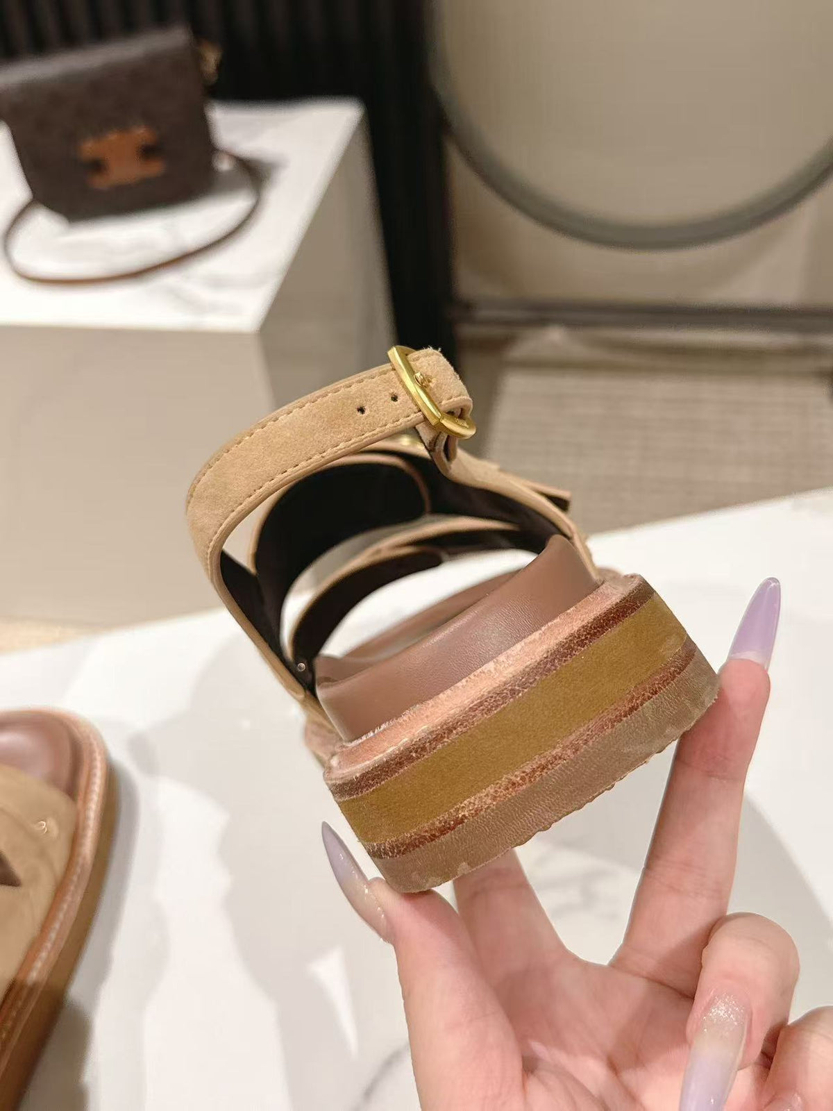 CELINE 25S TIPPI TRIOMPHE SANDAL IN LIGHT BROWN CALFSKIN SUEDE