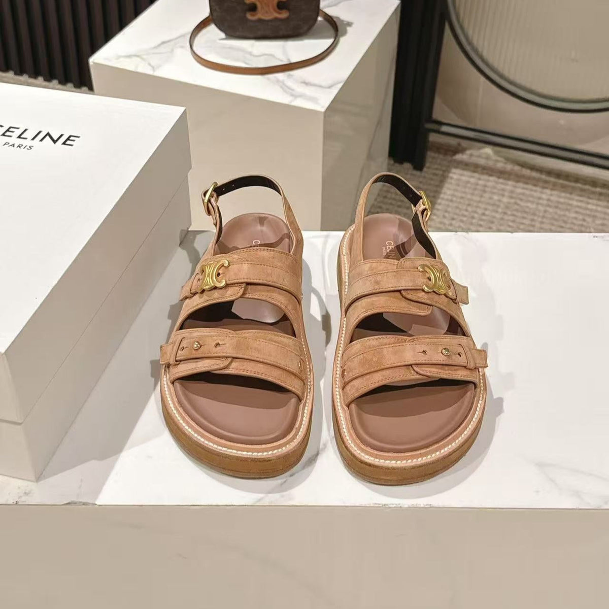 CELINE 25S TIPPI TRIOMPHE SANDAL IN BROWN CALFSKIN SUEDE