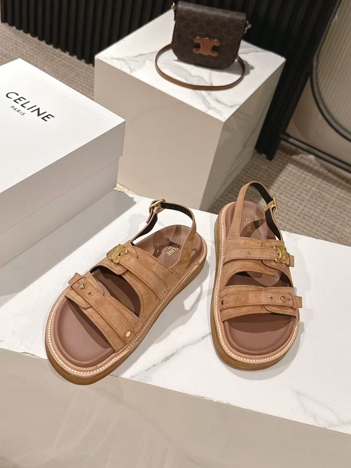 CELINE 25S TIPPI TRIOMPHE SANDAL IN BROWN CALFSKIN SUEDE
