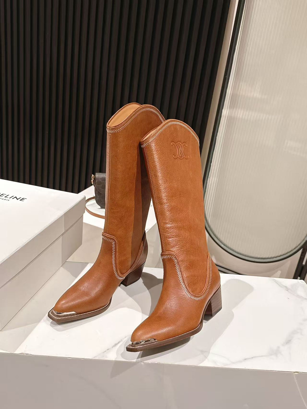CELINE 25S HIGH BOOTS FOR FALL AND WINTER 45MM IN BURNT ORANGE CALFSKIN